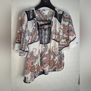 Bohemian Floral Women's Top Crocet Accent XS Flowy Baggy Fit (15in P2P)